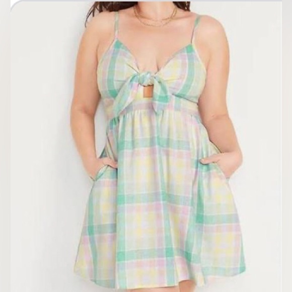 Green madras Fit & Flare Tie-Front Smocked Printed flowy tunic Dress size 4X new - Picture 7 of 8